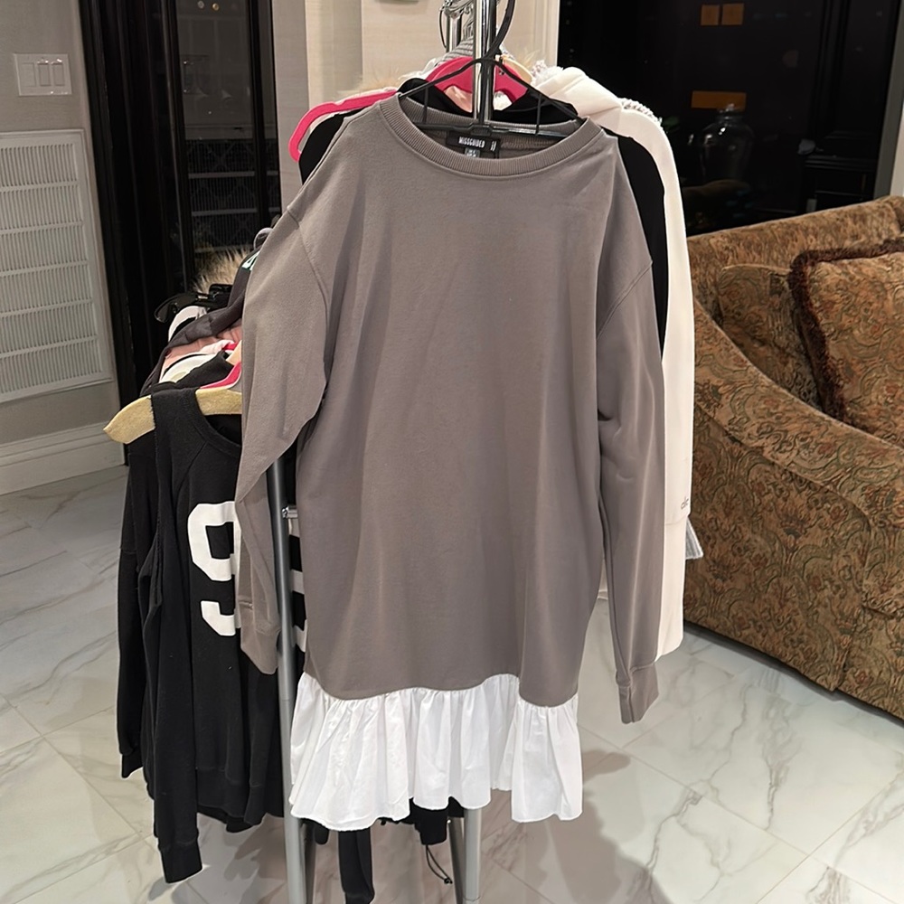 MISSGUIDED sweater dress poplin ruffle hem dark grey